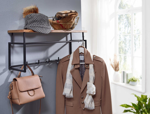 Rootz Wall Wardrobe - Mango Wood Metal - Design Hook Rail with Shelf and Clothes Rail - Wooden Hallway Wardrobe -  71x29x20 cm