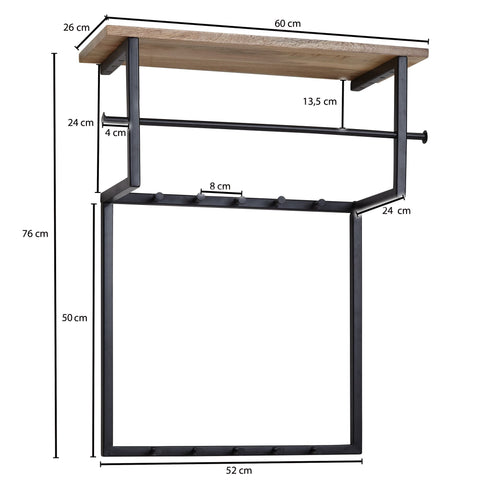 Rootz Wall Wardrobe -  Mango Wood Metal - Design Hook Rail with Shelf and Clothes Rail - Wooden Hallway Wardrobe - 60x76x26 cm