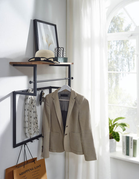 Rootz Wall Wardrobe -  Mango Wood Metal - Design Hook Rail with Shelf and Clothes Rail - Wooden Hallway Wardrobe - 60x76x26 cm