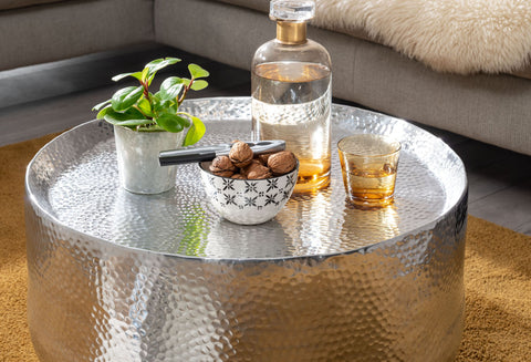 Rootz Coffee Table -  Silver Aluminum - Small Round Hammered Living Room Table - Oriental Design Round Aluminum Coffee Table - 60x60x35 cm