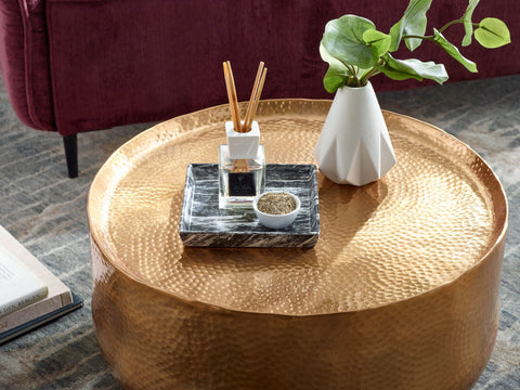 Rootz Coffee Table - Gold Aluminum - Small Round Hammered Living Room Table - Oriental Design Round Aluminum Coffee Table - 60x60x35 cm