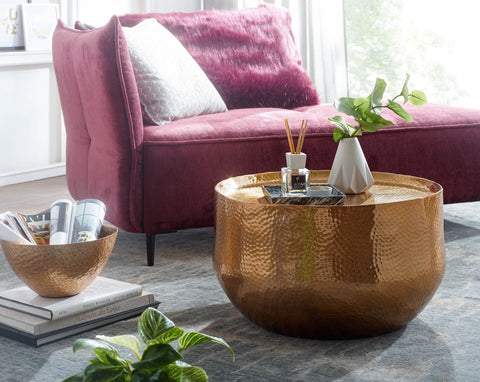 Rootz Coffee Table - Gold Aluminum - Small Round Hammered Living Room Table - Oriental Design Round Aluminum Coffee Table - 60x60x35 cm