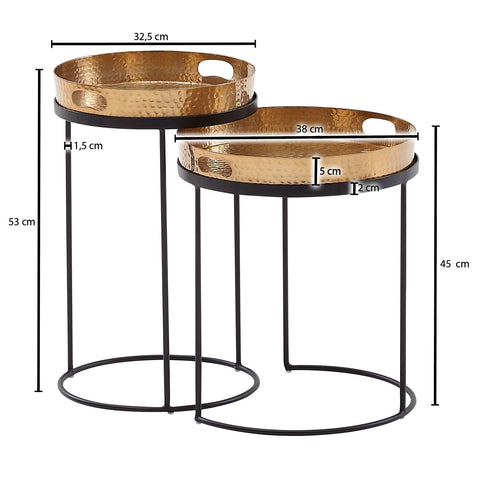 Rootz Round Coffee Table - Set of 2 Gold-Black Metal Hammer Finish Nesting Tables - Round Coffee Table with Removable Tray - Modern 2-Piece Tray Sofa Table
