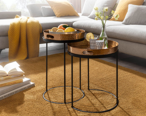 Rootz Round Coffee Table - Set of 2 Gold-Black Metal Hammer Finish Nesting Tables - Round Coffee Table with Removable Tray - Modern 2-Piece Tray Sofa Table