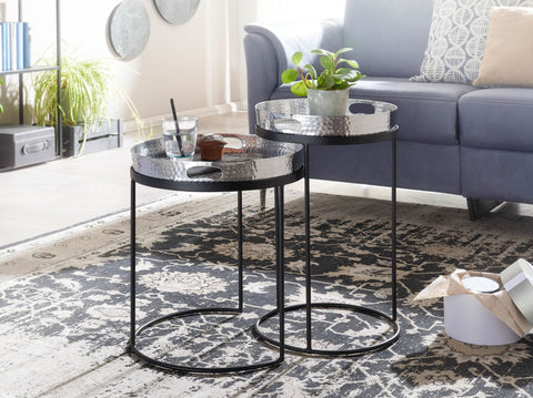 Rootz Round Coffee Table - Set of 2 Silver-Black Metal Hammer Finish Nesting Tables - Round Coffee Table with Removable Tray - Modern 2-Piece Tray Sofa Table