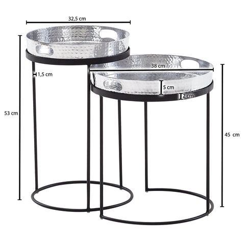 Rootz Round Coffee Table - Set of 2 Silver-Black Metal Hammer Finish Nesting Tables - Round Coffee Table with Removable Tray - Modern 2-Piece Tray Sofa Table