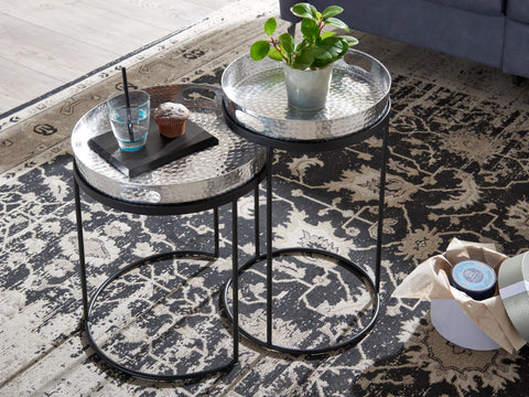 Rootz Round Coffee Table - Set of 2 Silver-Black Metal Hammer Finish Nesting Tables - Round Coffee Table with Removable Tray - Modern 2-Piece Tray Sofa Table