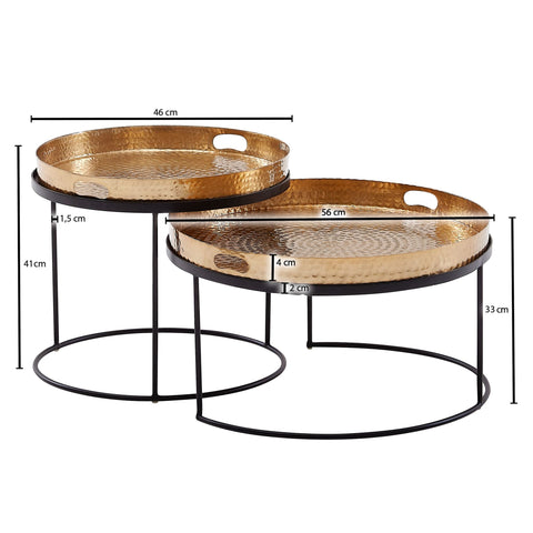Rootz Round Side Table - Set of 2 Gold-Black Metal Hammer Finish Nesting Tables - Round Coffee Table with Removable Tray - Modern 2-Piece Tray Sofa Table