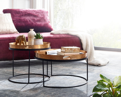 Rootz Round Side Table - Set of 2 Gold-Black Metal Hammer Finish Nesting Tables - Round Coffee Table with Removable Tray - Modern 2-Piece Tray Sofa Table
