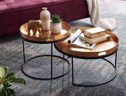 Rootz Round Side Table - Set of 2 Gold-Black Metal Hammer Finish Nesting Tables - Round Coffee Table with Removable Tray - Modern 2-Piece Tray Sofa Table
