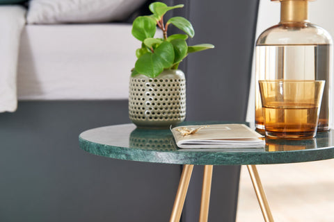 Rootz Side Table - Real Marble Green - Metal Gold - Small Round Tripod Coffee Table - Modern Living Room Table - High Coffee Table - 38x38x44cm