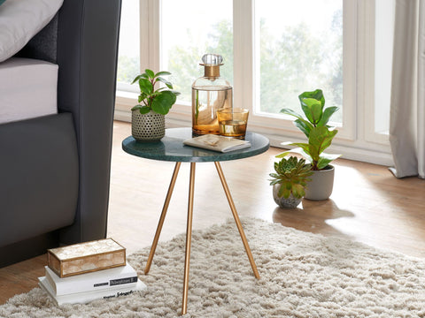 Rootz Side Table - Real Marble Green - Metal Gold - Small Round Tripod Coffee Table - Modern Living Room Table - High Coffee Table - 38x38x44cm