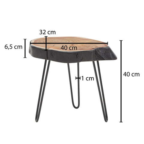 Rootz Acacia Wood Side Table - Industrial Metal Legs - Tree Edge Design - Solid Coffee Table with Hairpin Legs - Small Table for Living Room - 40x40x32cm