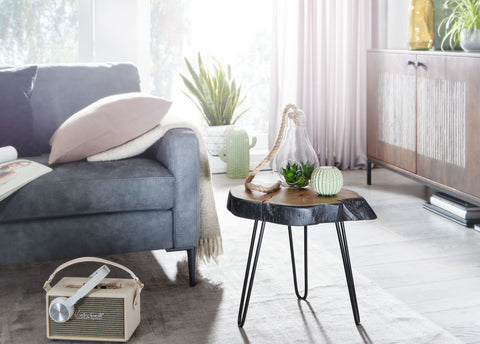 Rootz Acacia Wood Side Table - Industrial Metal Legs - Tree Edge Design - Solid Coffee Table with Hairpin Legs - Small Table for Living Room - 40x40x32cm