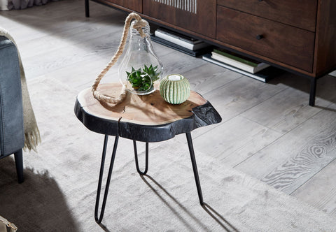 Rootz Acacia Wood Side Table - Industrial Metal Legs - Tree Edge Design - Solid Coffee Table with Hairpin Legs - Small Table for Living Room - 40x40x32cm