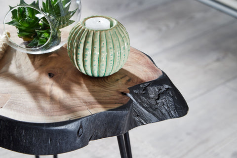 Rootz Acacia Wood Side Table - Industrial Metal Legs - Tree Edge Design - Solid Coffee Table with Hairpin Legs - Small Table for Living Room - 40x40x32cm