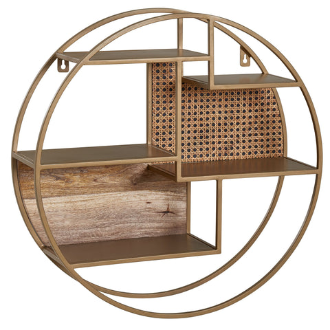 Rootz Rattan Wall Shelf - Solid Wood and Metal - Industrial Hanging Shelf - Round Wall-mounted Shelf - Open Living Room Shelving -  62x62x17 cm