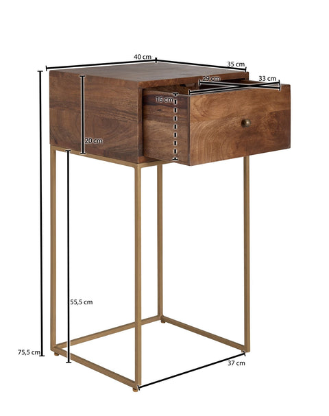 Rootz Bedside Table - Mango Solid Wood - Design with Drawer - Storage Space - Metal - 40x75.5x35 cm