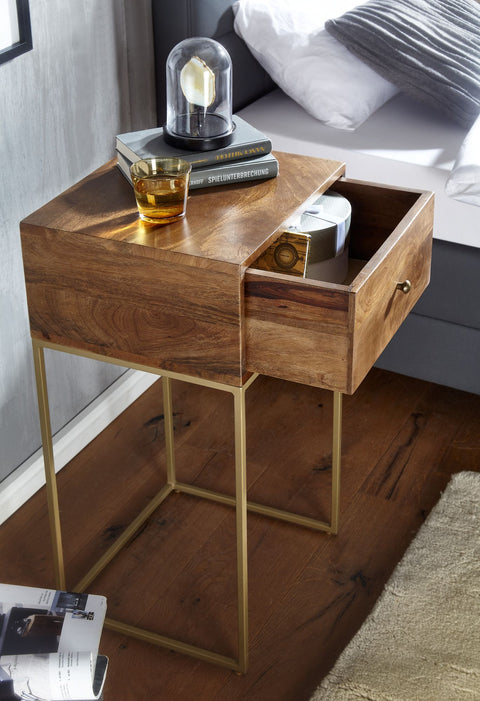 Rootz Bedside Table - Mango Solid Wood - Design with Drawer - Storage Space - Metal - 40x75.5x35 cm