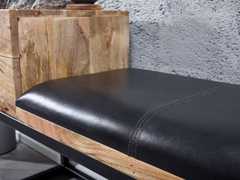 Rootz Goatskin Bench - Retro Style Solid Wood Bench - Metal Hallway Upholstered Bench with Storage - Black Padded Leather Storage Bench - Small Hallway Bench - 100x60x35 cm