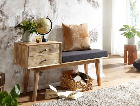 Rootz Fabric Bench - Retro Style Solid Wood Bench - Hallway Upholstered Bench with Storage - Black Upholstered Fabric Storage Bench - Small Hallway Bench - 120x65x40 cm