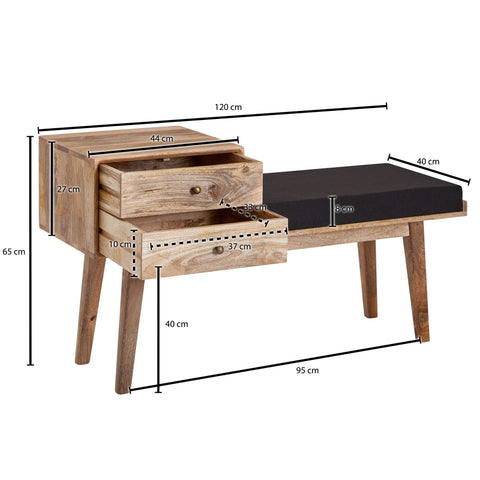 Rootz Fabric Bench - Retro Style Solid Wood Bench - Hallway Upholstered Bench with Storage - Black Upholstered Fabric Storage Bench - Small Hallway Bench - 120x65x40 cm