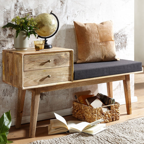 Rootz Fabric Bench - Retro Style Solid Wood Bench - Hallway Upholstered Bench with Storage - Black Upholstered Fabric Storage Bench - Small Hallway Bench - 120x65x40 cm