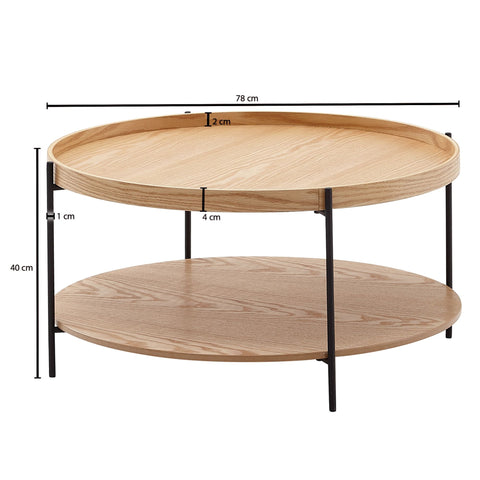 Rootz Coffee Table - Wood and Metal Living Room Table - Modern Round Design with Shelf - Wooden Table for Living Room - 78x78x40 cm
