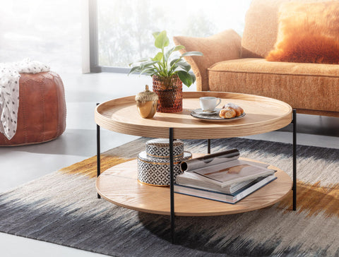 Rootz Coffee Table - Wood and Metal Living Room Table - Modern Round Design with Shelf - Wooden Table for Living Room - 78x78x40 cm