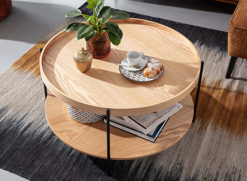 Rootz Coffee Table - Wood and Metal Living Room Table - Modern Round Design with Shelf - Wooden Table for Living Room - 78x78x40 cm