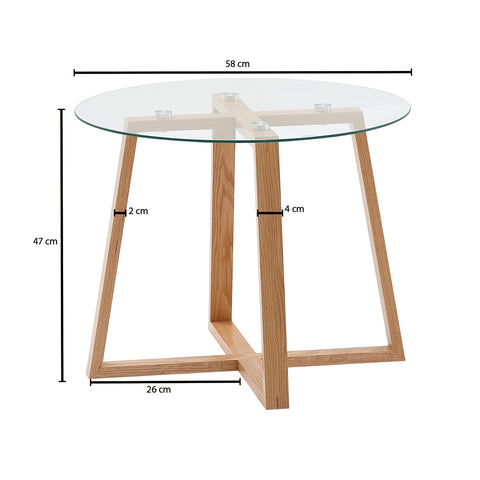 Rootz Coffee Table - Solid Oak with Round Glass - Modern Design for Small Living Room - Wooden Table - 58x58x47 cm