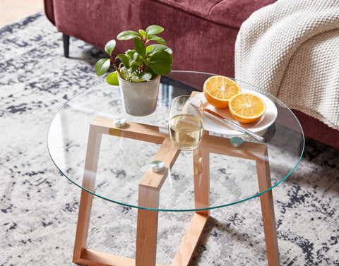 Rootz Coffee Table - Solid Oak with Round Glass - Modern Design for Small Living Room - Wooden Table - 58x58x47 cm