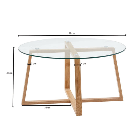 Rootz Coffee Table - Solid Oak with Round Glass - Modern Design for Living Room - Large Wooden Table - 78x78x41 cm