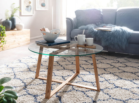 Rootz Coffee Table - Solid Oak with Round Glass - Modern Design for Living Room - Large Wooden Table - 78x78x41 cm
