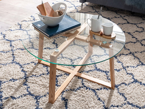 Rootz Coffee Table - Solid Oak with Round Glass - Modern Design for Living Room - Large Wooden Table - 78x78x41 cm