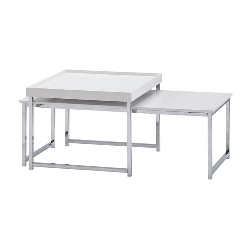 Rootz Coffee Tables - Square White Modern Coffee Table - 2-Part Side Table - Wood-Metal - Set of 2 Living Room Nesting Tables