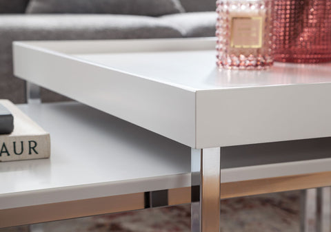 Rootz Coffee Tables - Square White Modern Coffee Table - 2-Part Side Table - Wood-Metal - Set of 2 Living Room Nesting Tables