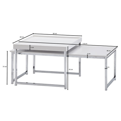 Rootz Coffee Tables - Square White Modern Coffee Table - 2-Part Side Table - Wood-Metal - Set of 2 Living Room Nesting Tables