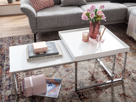 Rootz Coffee Tables - Square White Modern Coffee Table - 2-Part Side Table - Wood-Metal - Set of 2 Living Room Nesting Tables