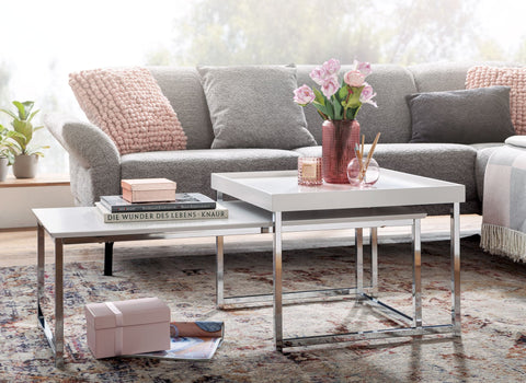 Rootz Coffee Tables - Square White Modern Coffee Table - 2-Part Side Table - Wood-Metal - Set of 2 Living Room Nesting Tables