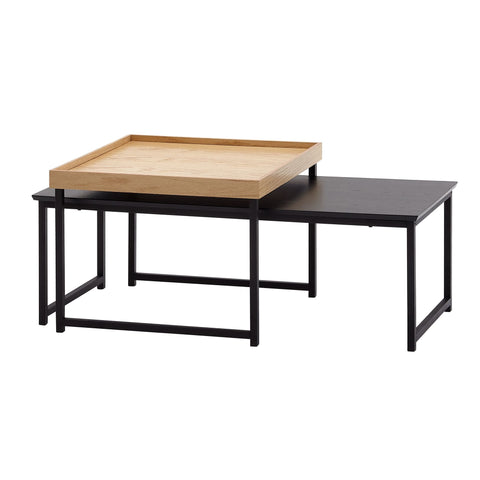 Rootz Coffee Tables - Square Oak Modern Coffee Table - 2-Part Side Table - Wood-Metal - Set of 2 Living Room Nesting Tables