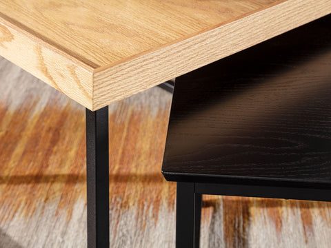 Rootz Coffee Tables - Square Oak Modern Coffee Table - 2-Part Side Table - Wood-Metal - Set of 2 Living Room Nesting Tables