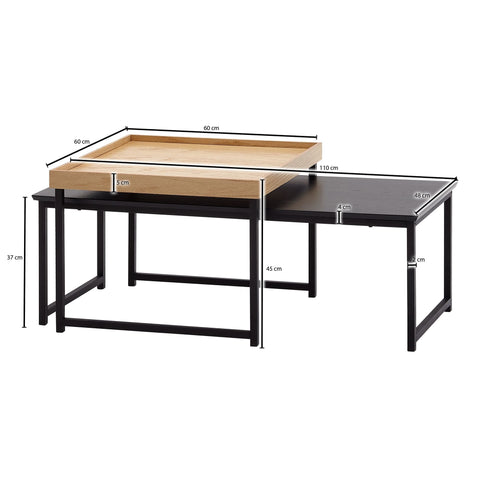 Rootz Coffee Tables - Square Oak Modern Coffee Table - 2-Part Side Table - Wood-Metal - Set of 2 Living Room Nesting Tables