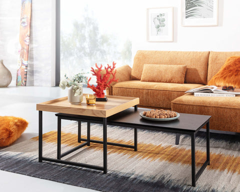 Rootz Coffee Tables - Square Oak Modern Coffee Table - 2-Part Side Table - Wood-Metal - Set of 2 Living Room Nesting Tables