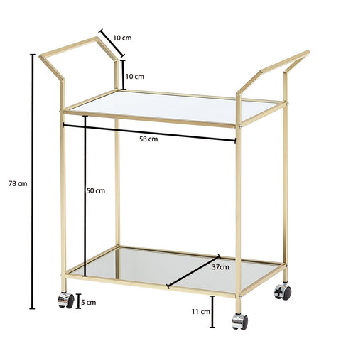 Rootz Serving Trolley - Glass and Metal Kitchen Trolley - Mobile Side Table - Dining Car with Glass Top - Mini Bar Tea Trolley - Gold Design - 73x78x37 cm