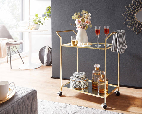 Rootz Serving Trolley - Glass and Metal Kitchen Trolley - Mobile Side Table - Dining Car with Glass Top - Mini Bar Tea Trolley - Gold Design - 73x78x37 cm