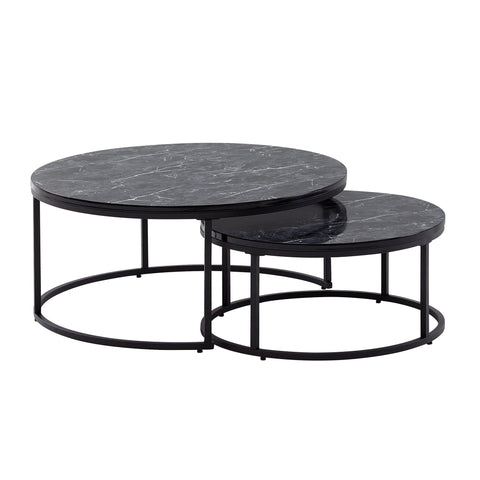 Rootz Coffee Tables - Black Marble Look Round Coffee Tables - Modern Design - 2-Part Metal Side Table - Set of 2 Living Room Nesting Tables