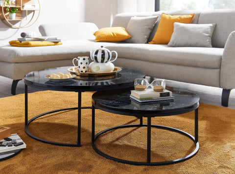 Rootz Coffee Tables - Black Marble Look Round Coffee Tables - Modern Design - 2-Part Metal Side Table - Set of 2 Living Room Nesting Tables