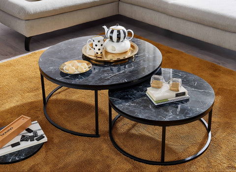 Rootz Coffee Tables - Black Marble Look Round Coffee Tables - Modern Design - 2-Part Metal Side Table - Set of 2 Living Room Nesting Tables