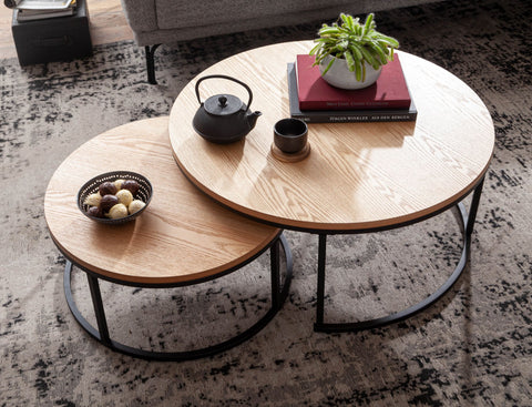 Rootz Coffee Tables - Wood-Metal Round Coffee Tables - Modern Oak Design - 2-Part Side Table - Set of 2 Living Room Nesting Tables